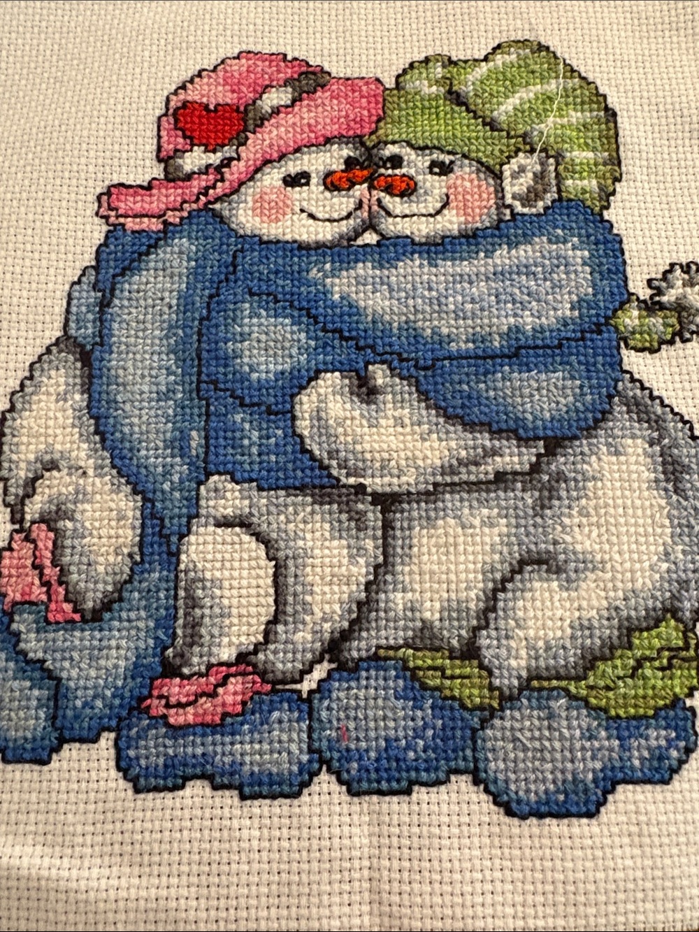 Hugging Snowman Completed cross stitch